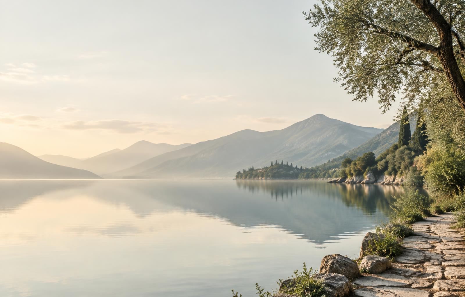 Un lago sereno entre montañas y un sendero junto al agua